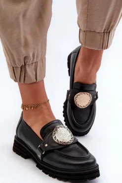 Best 3485 Mokasyny Damskie Ze Złotą Ozdobą Skóra Naturalna Damskie Loafersy Damskie|Mokasyny Płaskie