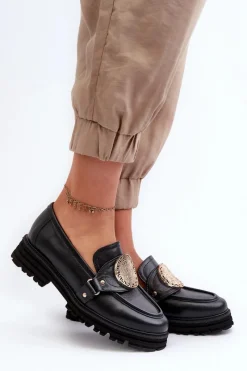 Best 3485 Mokasyny Damskie Ze Złotą Ozdobą Skóra Naturalna Damskie Loafersy Damskie|Mokasyny Płaskie