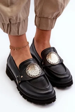 Best 3485 Mokasyny Damskie Ze Złotą Ozdobą Skóra Naturalna Damskie Loafersy Damskie|Mokasyny Płaskie