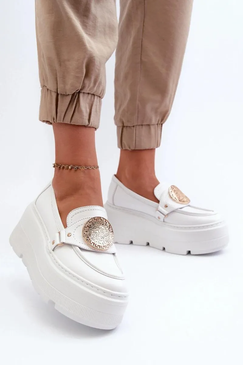 Outlet 3458 Mokasyny Skórzane Damskie Z Ozdobą Białe Damskie Loafersy Damskie|Mokasyny Damskie Skórzane