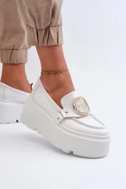 Outlet 3458 Mokasyny Skórzane Damskie Z Ozdobą Białe Damskie Loafersy Damskie|Mokasyny Damskie Skórzane
