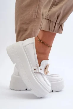 Outlet 3458 Mokasyny Skórzane Damskie Z Ozdobą Białe Damskie Loafersy Damskie|Mokasyny Damskie Skórzane