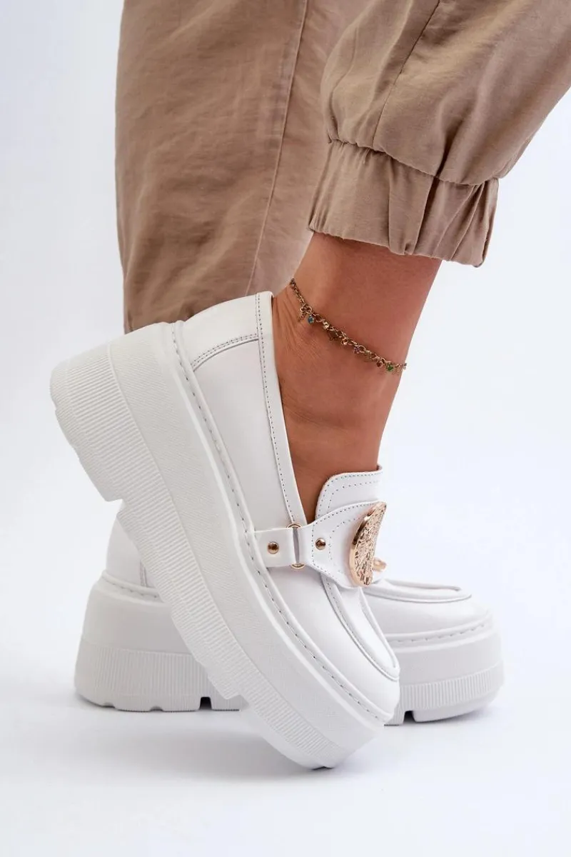 Outlet 3458 Mokasyny Skórzane Damskie Z Ozdobą Białe Damskie Loafersy Damskie|Mokasyny Damskie Skórzane