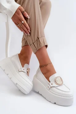 Outlet 3458 Mokasyny Skórzane Damskie Z Ozdobą Białe Damskie Loafersy Damskie|Mokasyny Damskie Skórzane