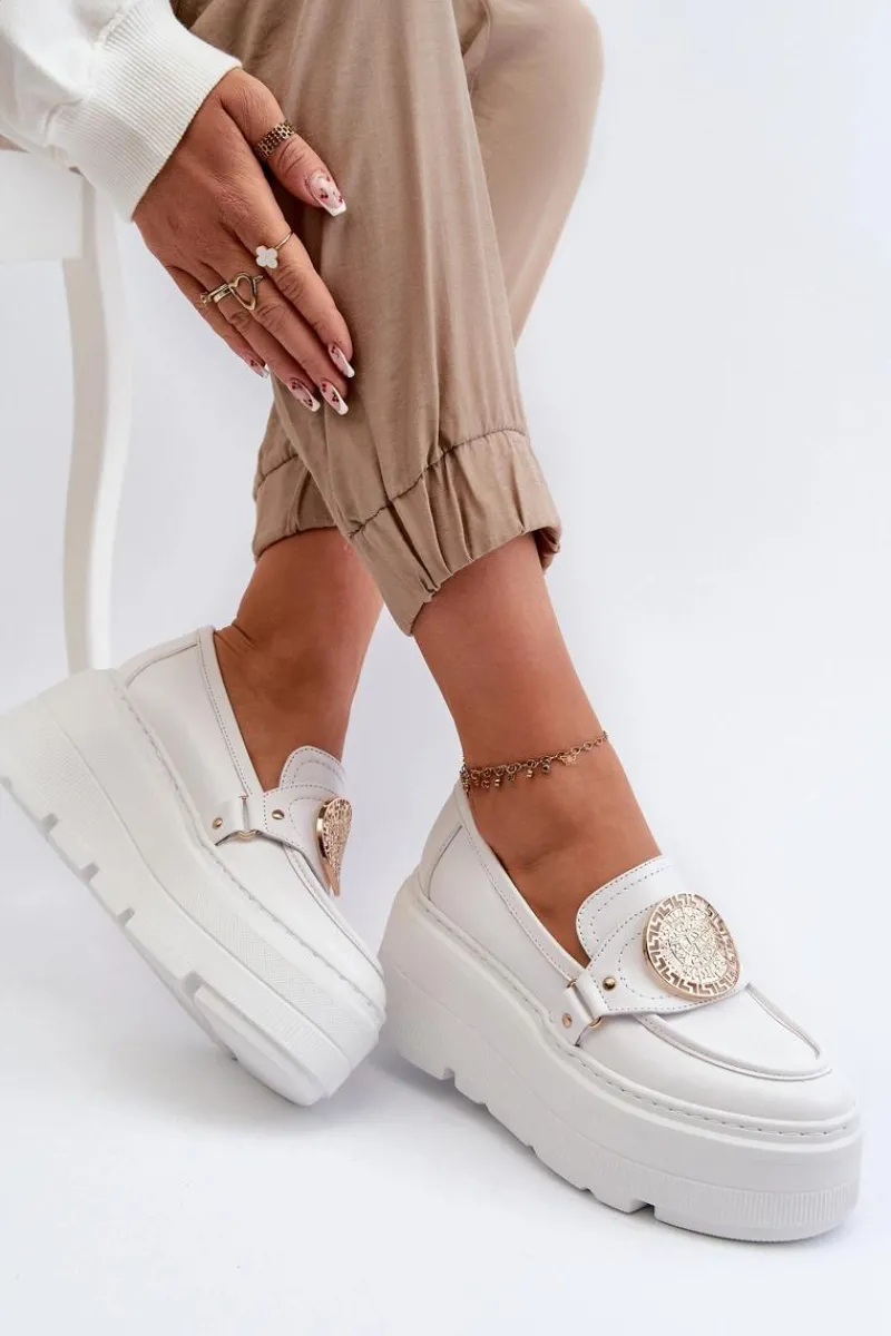 Outlet 3458 Mokasyny Skórzane Damskie Z Ozdobą Białe Damskie Loafersy Damskie|Mokasyny Damskie Skórzane