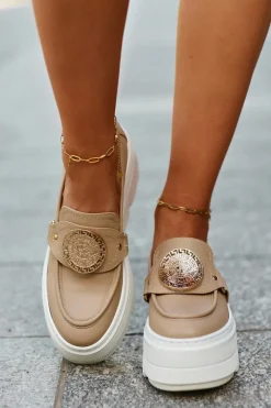 Outlet Zazoo 3458 Mokasyny Skórzane Damskie Z Ozdobą Beżowe