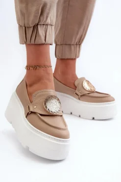 Outlet Zazoo 3458 Mokasyny Skórzane Damskie Z Ozdobą Beżowe