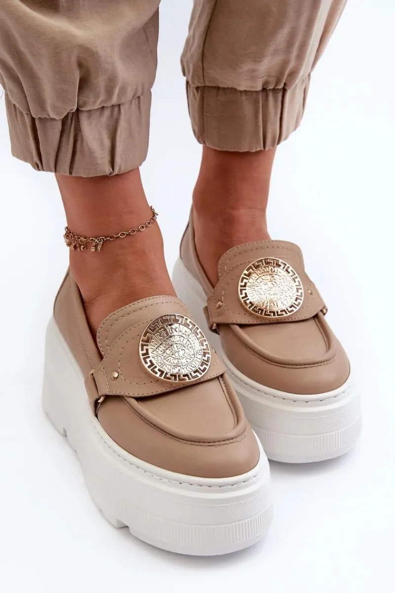 Outlet Zazoo 3458 Mokasyny Skórzane Damskie Z Ozdobą Beżowe