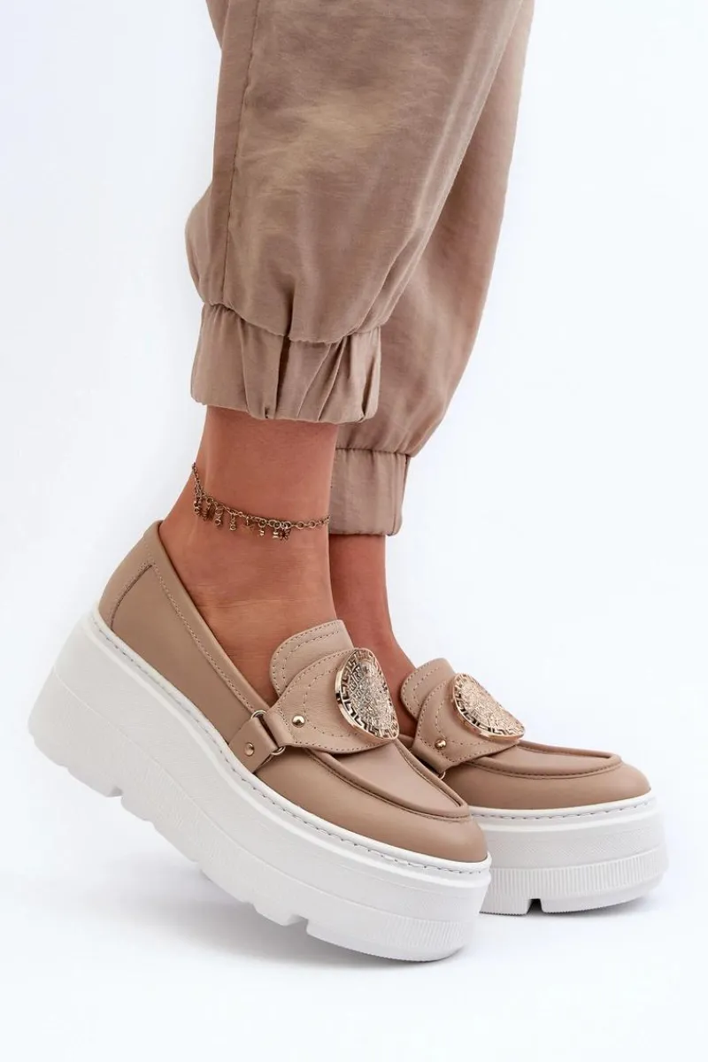 Outlet Zazoo 3458 Mokasyny Skórzane Damskie Z Ozdobą Beżowe