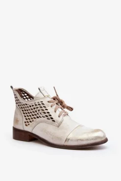 Outlet 2878 Niskie Ażurowe Botki Skórzane Damskie Srebrne Damskie Botki Wiosenne|Botki Skórzane