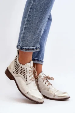 Outlet 2878 Niskie Ażurowe Botki Skórzane Damskie Srebrne Damskie Botki Wiosenne|Botki Skórzane