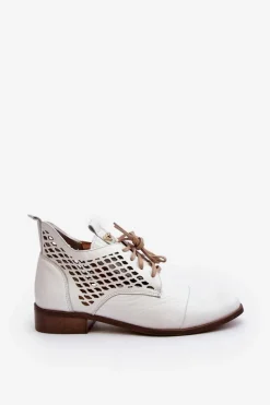 Zazoo 2878 Niskie Ażurowe Botki Skórzane Damskie Białe