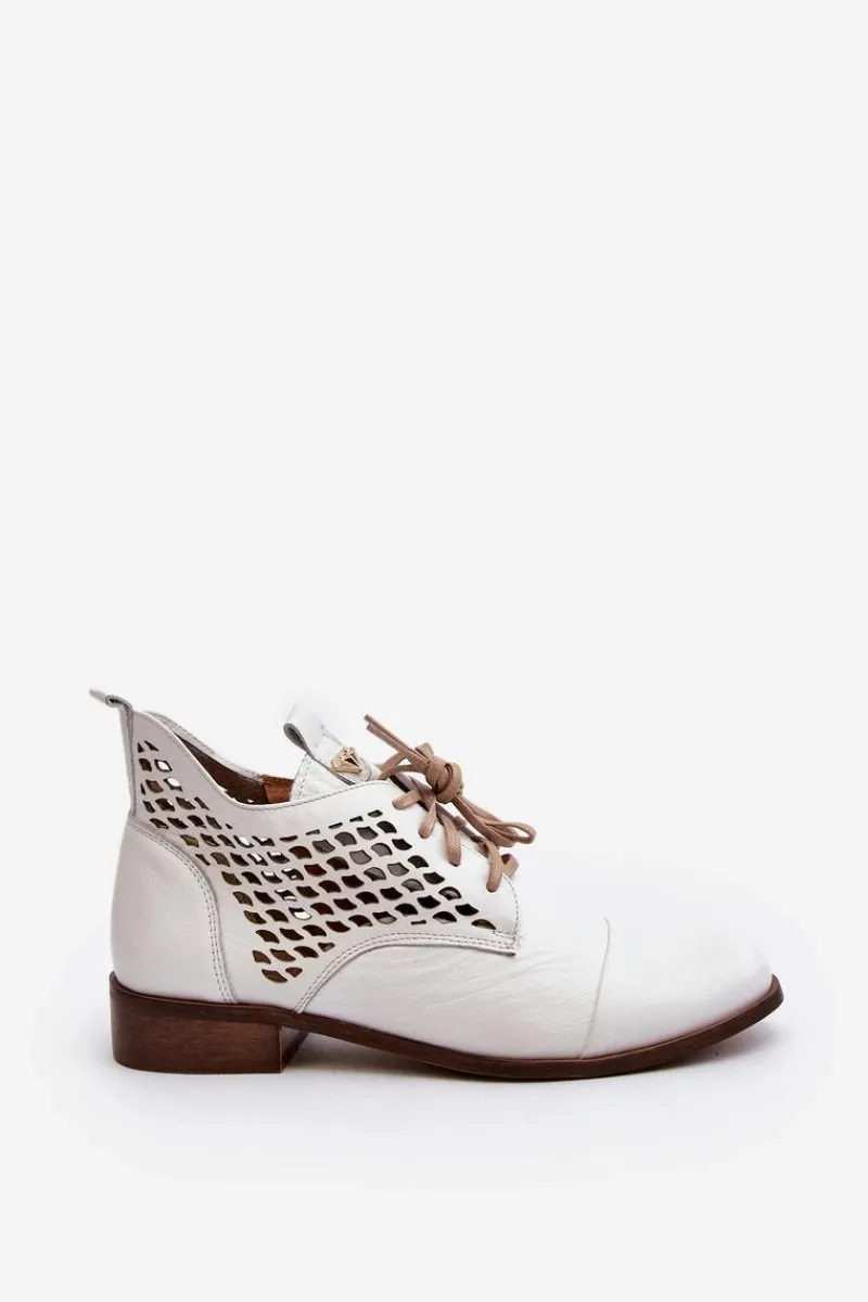 Zazoo 2878 Niskie Ażurowe Botki Skórzane Damskie Białe