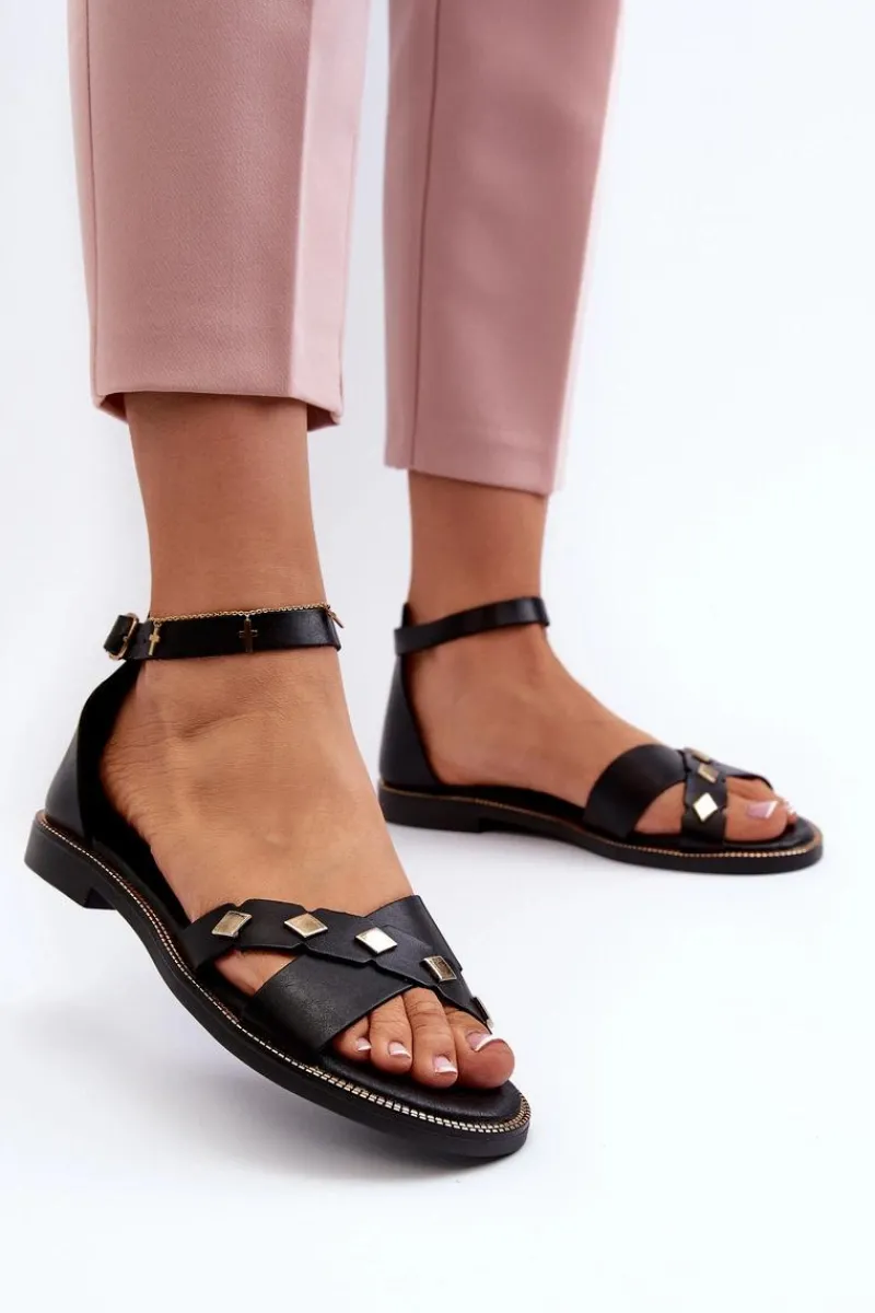 Sandały Płaskie>Zazoo 40378 Płaskie Skórzane Sandały Damskie Czarne Czarny