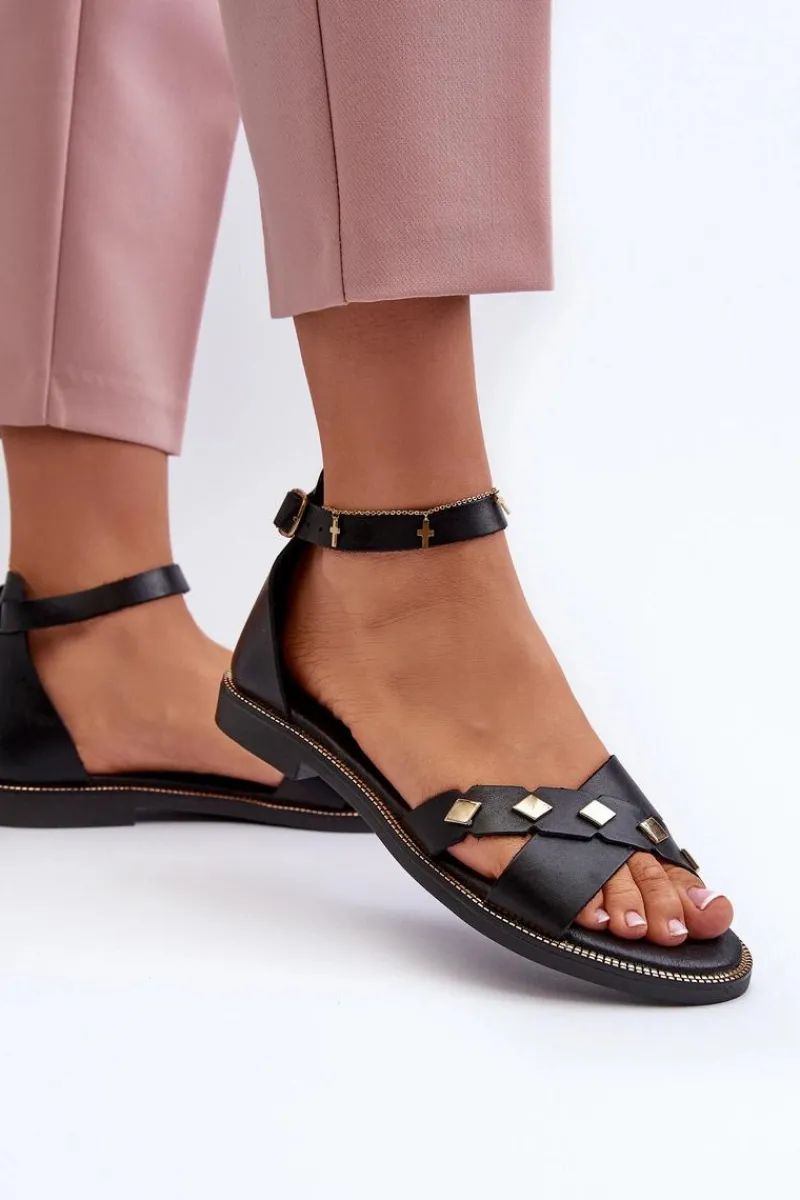 Sandały Płaskie>Zazoo 40378 Płaskie Skórzane Sandały Damskie Czarne Czarny