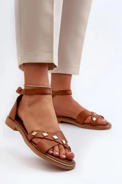 Hot 40378 Płaskie Skórzane Sandały Damskie Brązowe Damskie Sandały Płaskie