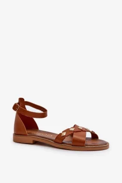 Hot 40378 Płaskie Skórzane Sandały Damskie Brązowe Damskie Sandały Płaskie