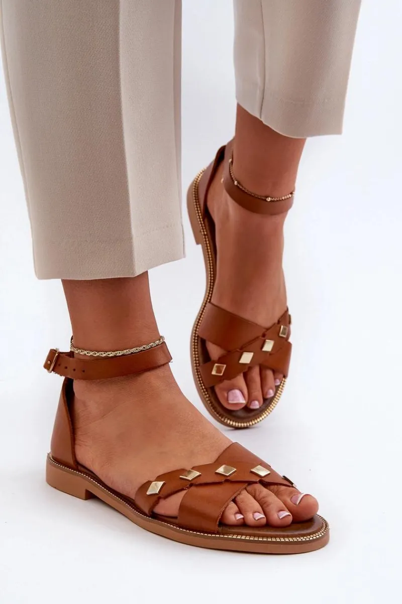 Hot 40378 Płaskie Skórzane Sandały Damskie Brązowe Damskie Sandały Płaskie