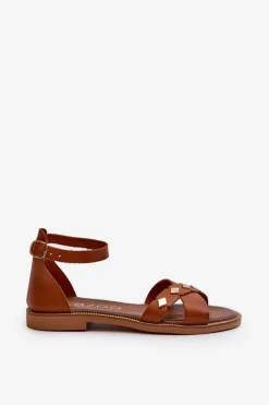 Hot 40378 Płaskie Skórzane Sandały Damskie Brązowe Damskie Sandały Płaskie