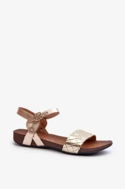 Clearance 40027 Płaskie Skórzane Sandały Damskie Złote Damskie Sandały Płaskie