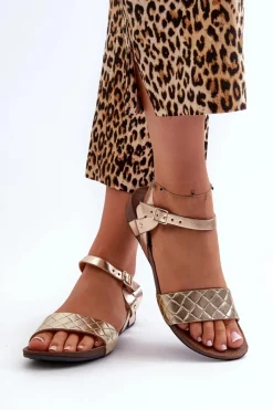 Clearance 40027 Płaskie Skórzane Sandały Damskie Złote Damskie Sandały Płaskie