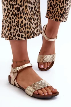 Clearance 40027 Płaskie Skórzane Sandały Damskie Złote Damskie Sandały Płaskie