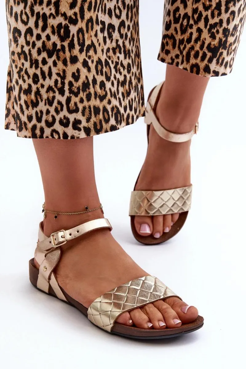 Clearance 40027 Płaskie Skórzane Sandały Damskie Złote Damskie Sandały Płaskie