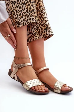 Clearance 40027 Płaskie Skórzane Sandały Damskie Złote Damskie Sandały Płaskie