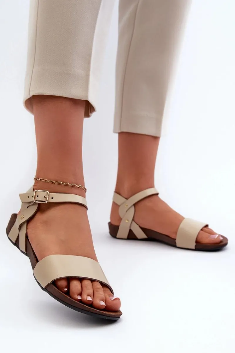 Sandały Płaskie>Zazoo 40027 Płaskie Skórzane Sandały Damskie Beżowe