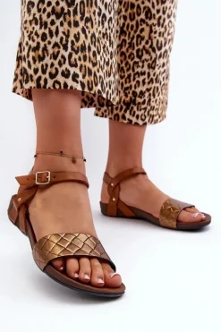 Sandały Płaskie>Zazoo 40027 Płaskie Skórzane Sandały Damskie Miedziane Złoty