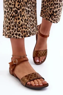 Sandały Płaskie>Zazoo 40027 Płaskie Skórzane Sandały Damskie Miedziane Złoty