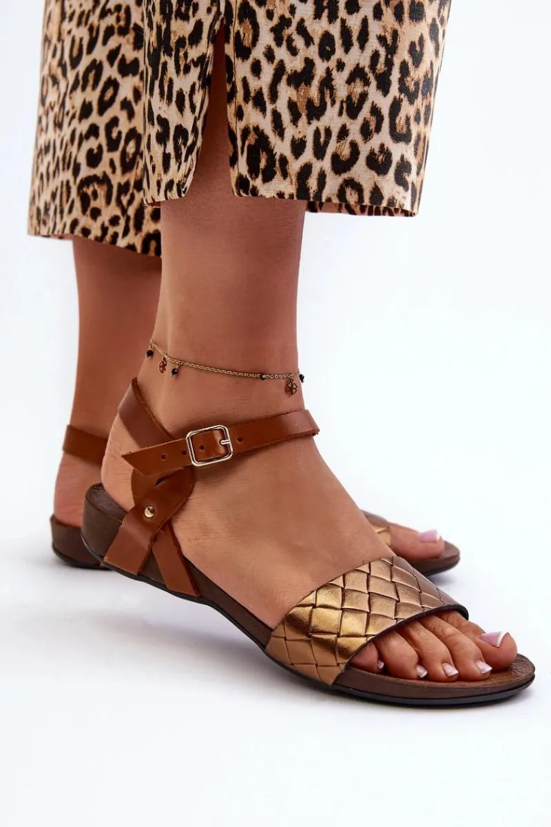 Sandały Płaskie>Zazoo 40027 Płaskie Skórzane Sandały Damskie Miedziane Złoty