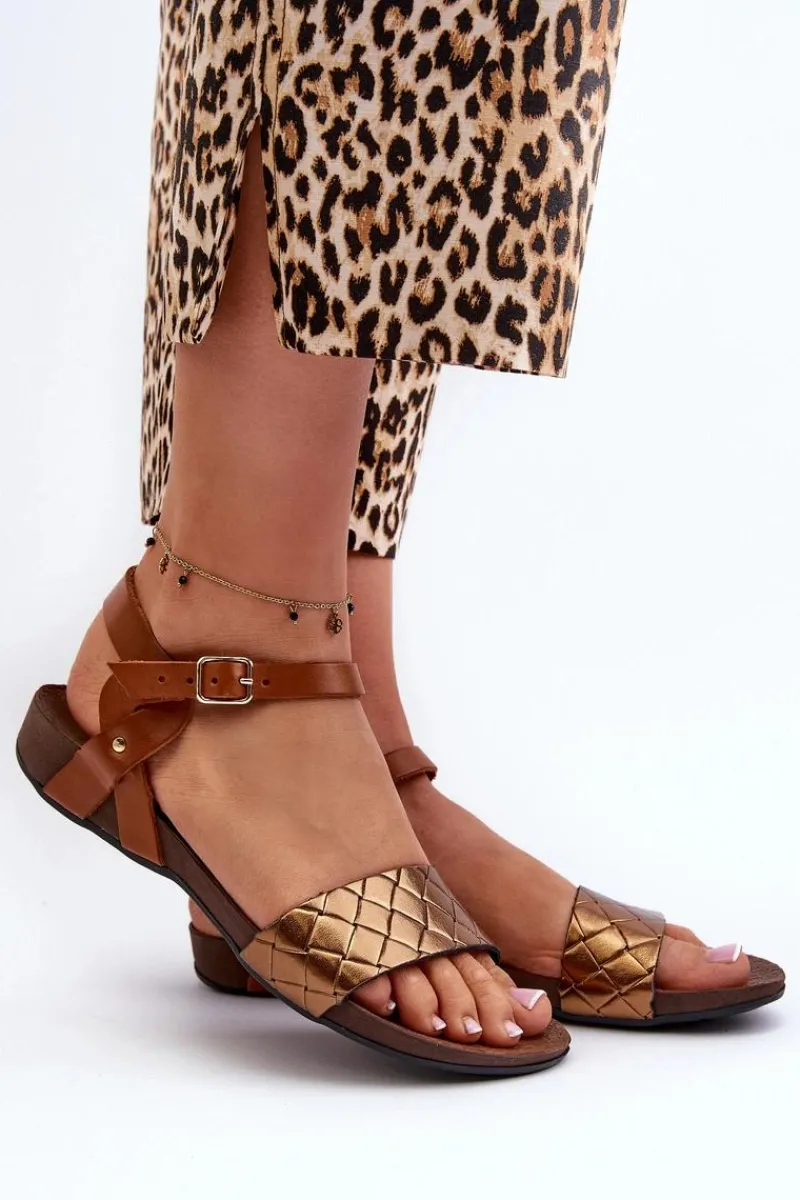 Sandały Płaskie>Zazoo 40027 Płaskie Skórzane Sandały Damskie Miedziane Złoty