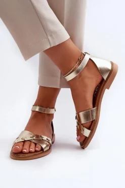 Sandały Płaskie>Zazoo 40378 Płaskie Skórzane Sandały Damskie Złote Złoty
