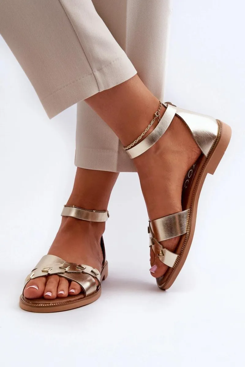 Sandały Płaskie>Zazoo 40378 Płaskie Skórzane Sandały Damskie Złote Złoty