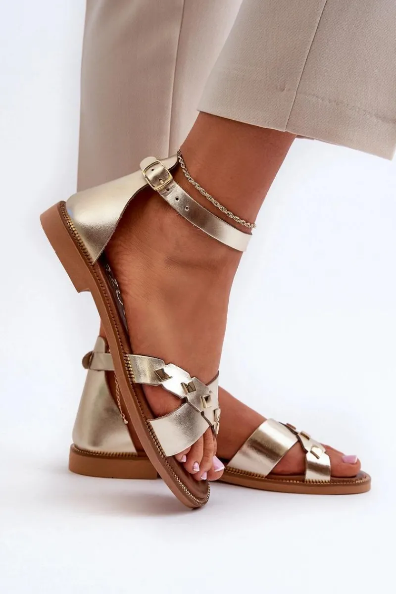 Sandały Płaskie>Zazoo 40378 Płaskie Skórzane Sandały Damskie Złote Złoty