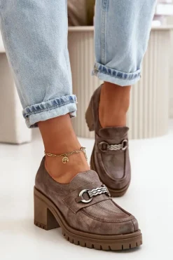 Półbuty Skórzane>Zazoo 20175 Półbuty Damskie Na Słupku Skóra Naturalna Ciemnobeżowe Beżowy