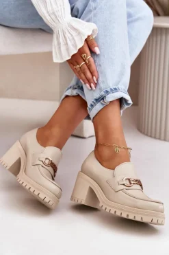 Półbuty Skórzane>Zazoo 20175 Półbuty Damskie Na Słupku Skóra Naturalna Jasnobeżowe Beżowy