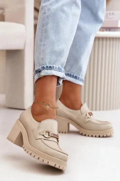 Półbuty Skórzane>Zazoo 20175 Półbuty Damskie Na Słupku Skóra Naturalna Jasnobeżowe Beżowy