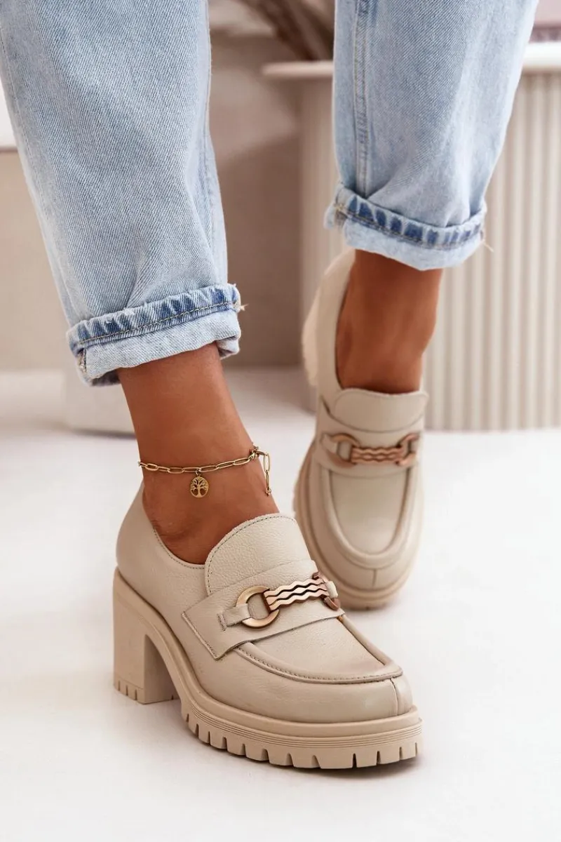 Półbuty Skórzane>Zazoo 20175 Półbuty Damskie Na Słupku Skóra Naturalna Jasnobeżowe Beżowy