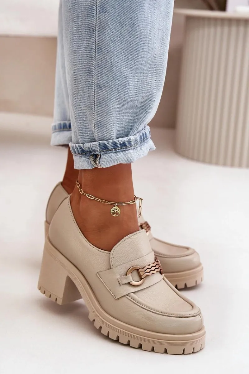 Półbuty Skórzane>Zazoo 20175 Półbuty Damskie Na Słupku Skóra Naturalna Jasnobeżowe Beżowy