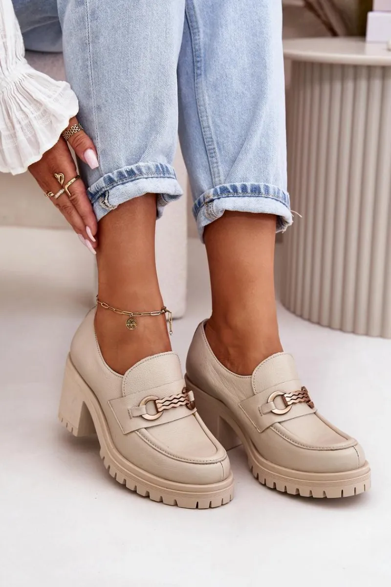 Półbuty Skórzane>Zazoo 20175 Półbuty Damskie Na Słupku Skóra Naturalna Jasnobeżowe Beżowy