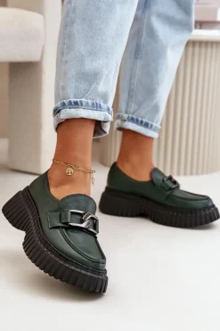 Online 20176 Półbuty Mokasyny Damskie Ze Skóry Naturalnej Ciemnozielone Damskie Półbuty Skórzane|Mokasyny Na Platformie