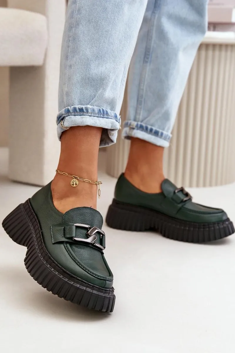 Online 20176 Półbuty Mokasyny Damskie Ze Skóry Naturalnej Ciemnozielone Damskie Półbuty Skórzane|Mokasyny Na Platformie