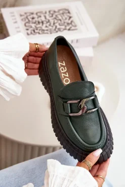 Online 20176 Półbuty Mokasyny Damskie Ze Skóry Naturalnej Ciemnozielone Damskie Półbuty Skórzane|Mokasyny Na Platformie