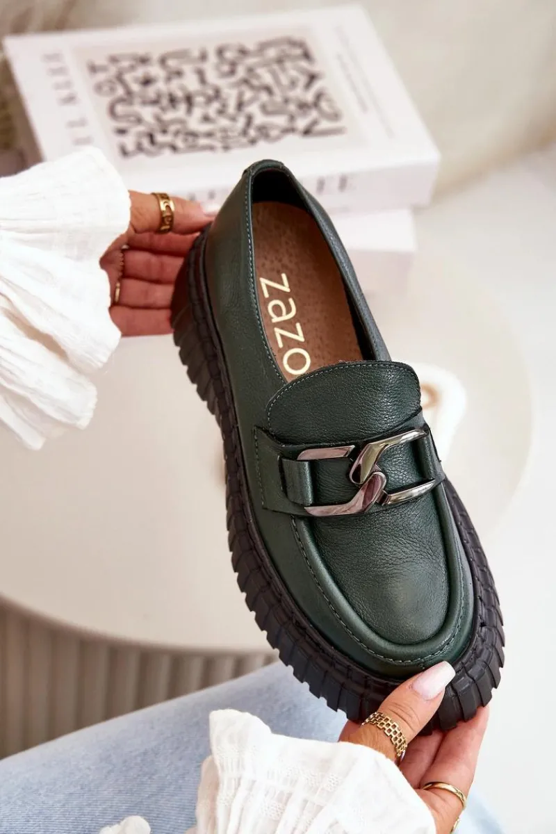 Online 20176 Półbuty Mokasyny Damskie Ze Skóry Naturalnej Ciemnozielone Damskie Półbuty Skórzane|Mokasyny Na Platformie