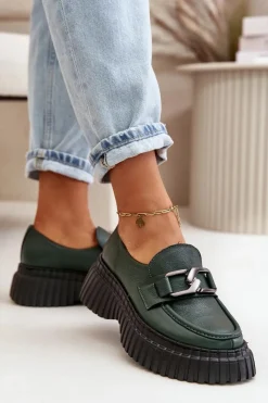 Online 20176 Półbuty Mokasyny Damskie Ze Skóry Naturalnej Ciemnozielone Damskie Półbuty Skórzane|Mokasyny Na Platformie