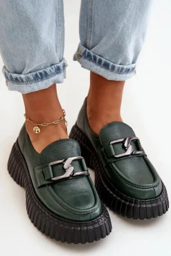 Online 20176 Półbuty Mokasyny Damskie Ze Skóry Naturalnej Ciemnozielone Damskie Półbuty Skórzane|Mokasyny Na Platformie