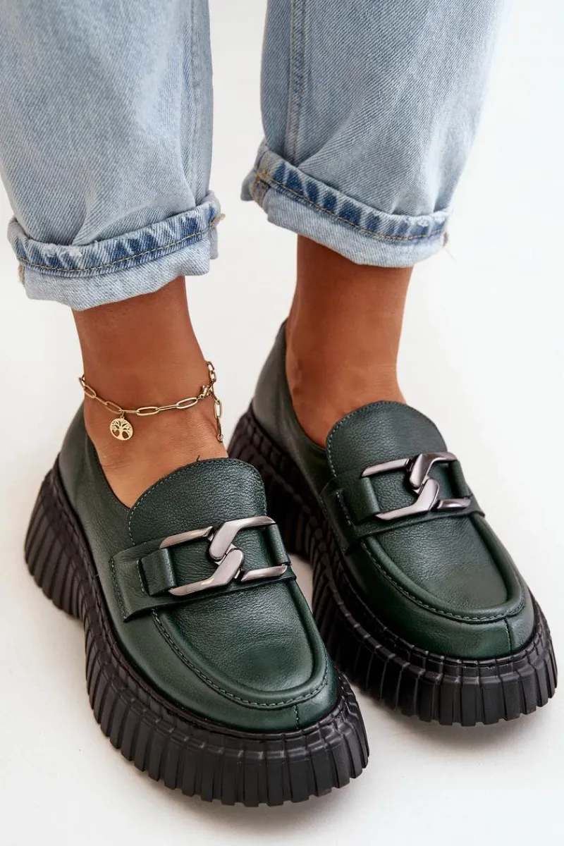 Online 20176 Półbuty Mokasyny Damskie Ze Skóry Naturalnej Ciemnozielone Damskie Półbuty Skórzane|Mokasyny Na Platformie