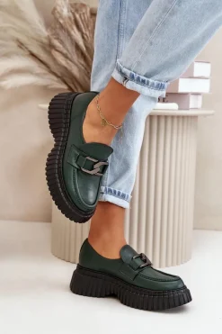 Online 20176 Półbuty Mokasyny Damskie Ze Skóry Naturalnej Ciemnozielone Damskie Półbuty Skórzane|Mokasyny Na Platformie
